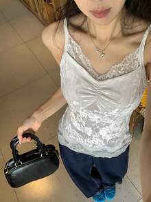 DAZY Áo hai dây nữ màu trơn viền ren nhún bèo không tay, thời trang cho mùa hè và đi học - trắng - Xem 1