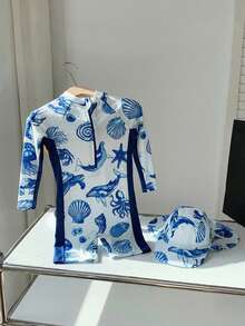 SHEIN 2件套男童可爱卡通印花撞色长袖防晒泳衣及泳帽套装，适合海滩、泳池、春夏穿着 - 彩色 - 查看 5
