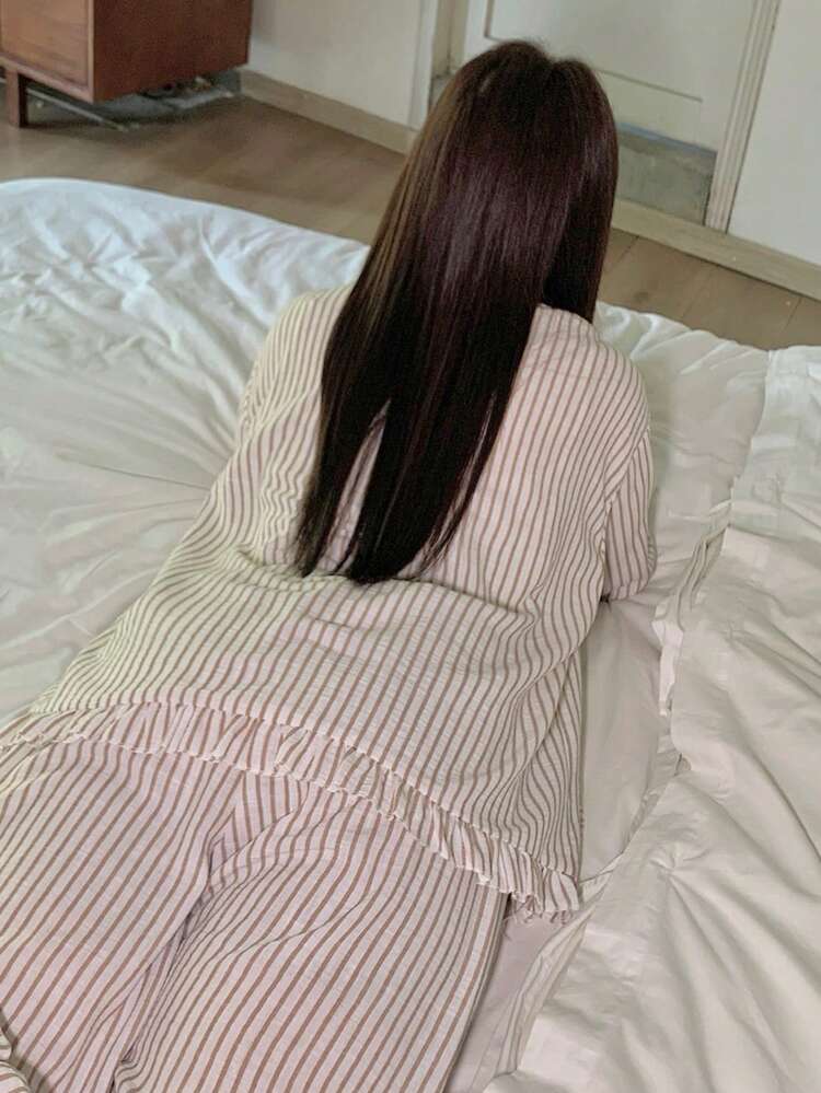 Dazy Plus Plus Size Striped Long Sleeve Top And Pants Pajama Set