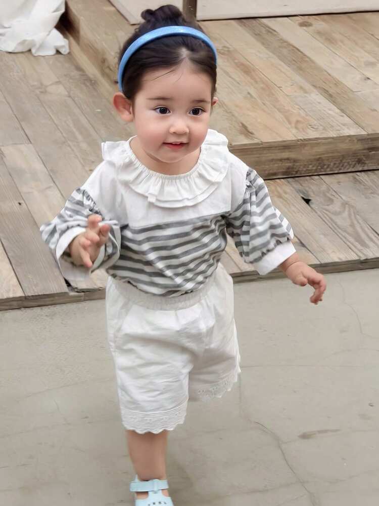 Toddler Girls' Casual Korean Style Striped Short Sleeve Top, Summer