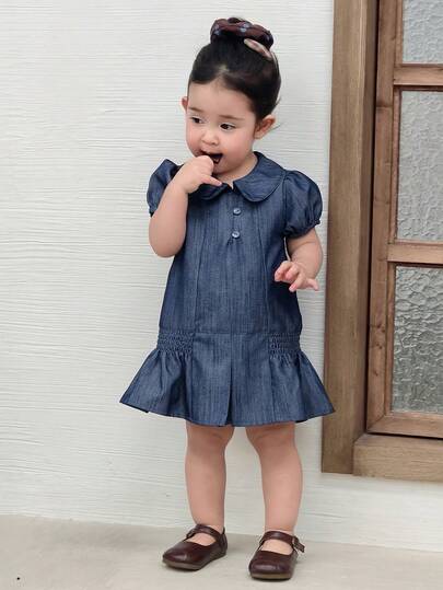 Dazy Kids Áo không tay cổ bẻ bằng vải denim mài cho bé gái kiểu Hàn Quốc