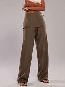 SHEIN BAE 女士休闲简约通勤侧系带直筒裤 - 卡其色 - 查看 6