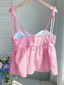 Comfortcana 女士粉色褶皱条纹休闲度假吊带背心，夏季必备 - 粉色 - 查看 2
