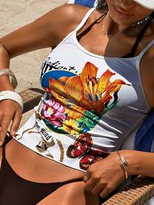 Swim Mod 夏季新款热带花卉印花高开衩侧系带可爱沙滩度假女式背心泳衣套装 - 彩色 - 查看 2