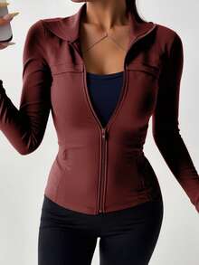 DAZY Chaqueta ajustada de manga larga para correr, yoga y deportes - Burdeos - Ver 2