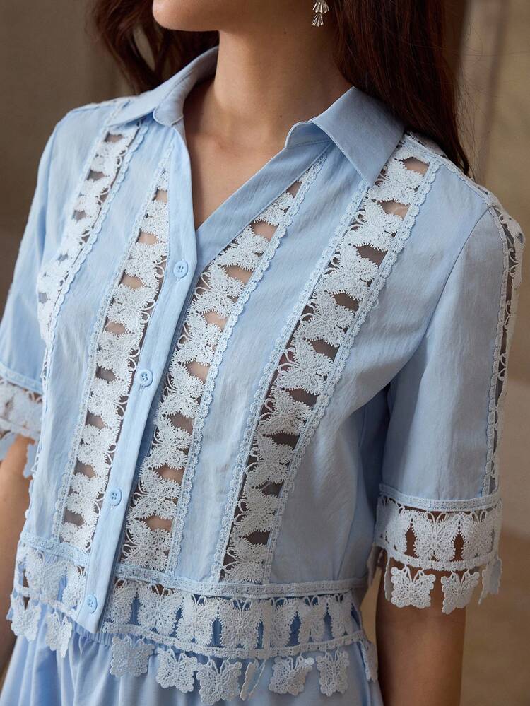 Spring/Summer New Women's Short Sleeve Shirt With Hollow Patchwork, Butterfly Ruffle Trim, Ruffle Hem A-Line Skirt 2 Pieces Set