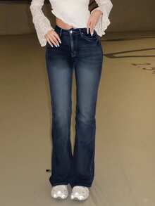Turnttoni Women's Fashion Rhinestone Wing Embroidery Washed Flared Low Waist Jeans - Blue - View 3