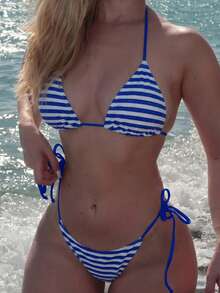Turnttoni Women's Vacation Beachside Striped Swimsuit Set For Summer - Blue and White - View 3