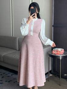 DAZY 春夏粉色格子两件套衬衫裙，优雅百搭，适合情人节、婚礼、派对、时尚活动等场合，修身剪裁，中长款 - 粉色 - 查看 8