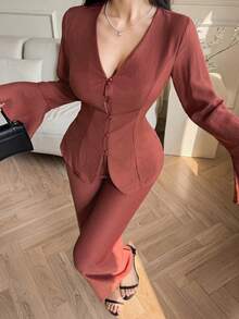 DAZY Spring Elegant Party Bell Sleeve V-Neck Cinched Waist Top And Casual Pants 2-Piece Set For Women - Rust Brown - View 3