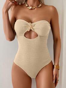 Swim Vcay Women's Elegant Apricot Textured Strapless One-Piece Swimsuit With Starfish Detail & Cutout,Cute Summer Beach Holiday Bathing Suits Beachwear Outfit - Apricot - View 4