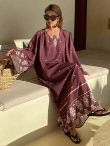 DAZY Vestido midi bohemio de estilo holgado con estampado floral burdeos, adecuado para vestido de playa de vacaciones estilo boho - Burdeos - Ver 5