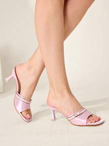 CUCCOO CHICEST Pink Satin Buckle-Trimmed High-Heeled Sandals Square Toe Contrasting Color Thin-Heeled Party Sandals Wedding Shoes Spring Shoes Bride Shoes - Pink - View 6