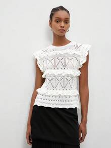 Maija Ivory Women Ruffled Crochet Blouse, Spring/Summer Vacation - White - View 5