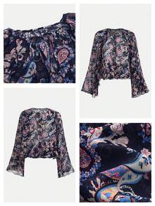 Maija Navy Blue Paisley Pattern Ruffle Hem Loose Vacation Blouse For Women Beach Outfits Beach Outfits Boho Blouses Silk Blouse Floral Blouse Women Blouses Summer Spring Summer Paisley Print Blouse Boho Shirt - Multicolor - View 9