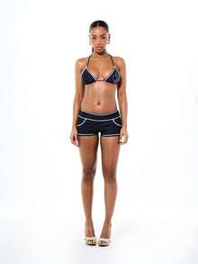 BABYPHAT Women's Navy Bikini Bottom With White Contrast Stitching And Text Print Summer Beach Swimwear Shorts Style Coverage - Black - View 3