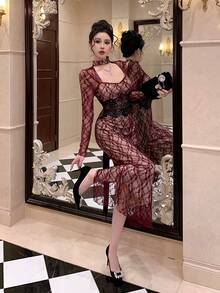 Joudiya Đầm dự tiệc ôm sát hở lưng bằng ren tương phản thanh lịch dành cho nữ - Màu Đỏ Sâu - Xem 4