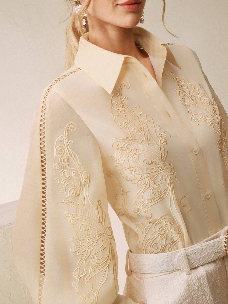 Anewsta 春夏新款镂空蕾丝拼接刺绣蝴蝶Polo领长袖轻薄女式衬衫 - 杏色 - 查看 1