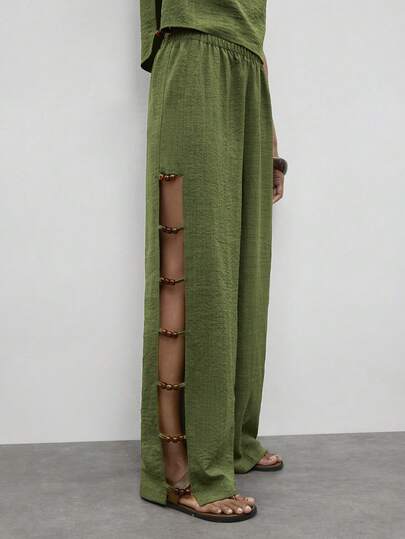 Maija Women's Vacation Casual Hollow Out Beaded Decor Pants  St Patrick's Day Women Easter Summer Outfits Easter Dress Women Party Top Beach Dress Summer Holiday Outfits Each Vacation Outfits For Women  Summer Outfit For Women Going Out Outfits Graduation Graduation Outfit  Casual Dresses  Casual Blouses For Women,  St Patrick's Day Women