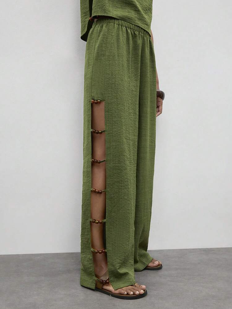 SHEIN Maija Women's Vacation Casual Hollow Out Beaded Decor Pants St Patrick's Day Women Easter Summer Easter Women Party Top Beach Summer Holidays Each Vacations For Women Summer For Women Going Outs Graduation Casual Green Loose Pants Women