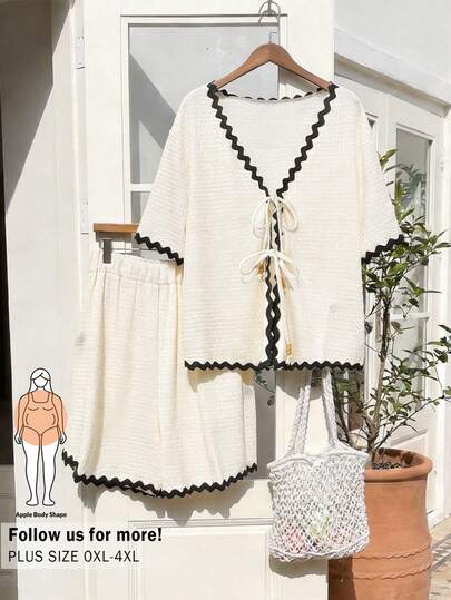 CosyJoli Plus Size Women V-Neck Tie Front Short Sleeve Top And Shorts Casual Daily Outfit Set