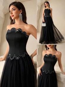 Coutiva Maxikleid für Damen mit Pailletten-Besatz und Mesh-Einsätzen (stark verziert) - Schwarz - Übersicht 2