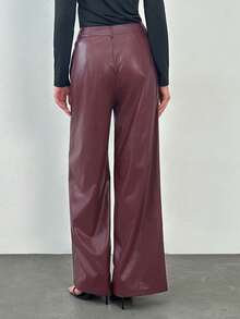 SHEIN Tall 女士酒红色皮质长裤，简约前开襟纽扣设计，日常休闲百搭，女士下装 - 酒紅色 - 查看 2