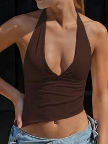 INAWLY Solva Sexy Solid Color Asymmetric Hem Backless Halter Neck Top, Summer - Coffee Brown - View 4