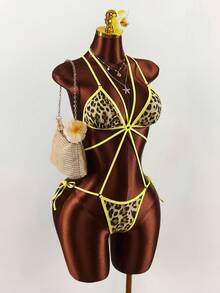 Amplova Áo tắm liền thân nữ họa tiết da báo phối màu tương phản, áo tắm liền thân mini gợi cảm, khoét eo, thời trang và dễ thương. - Màu vàng - Xem 5