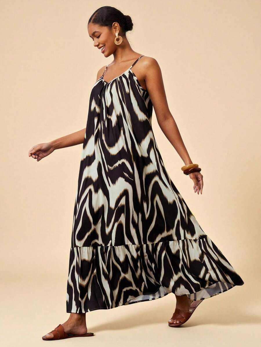Travachic Women Multicolor Casual Random Print Cami Maxi Dress With Ruffle Hem Spaghetti Strap Sleeveless - Multicolor - View 1