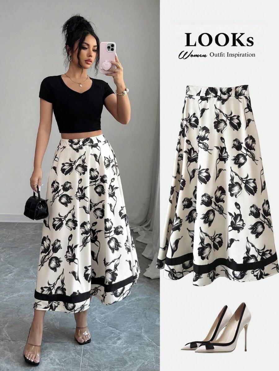 Elenzga Chân váy chữ A in hoa thanh lịch dành cho nữ, thích hợp cho mùa hè. - Nhiều màu - Xem 1