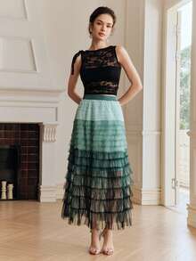 Anewsta Gradient Green Mesh Patchwork Tulle Skirt, Suitable For Party And Daily Wear - Green - View 6