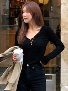 DAZY Women V-Neck Long Sleeve Soft & Cozy Undershirt - Black - View 3