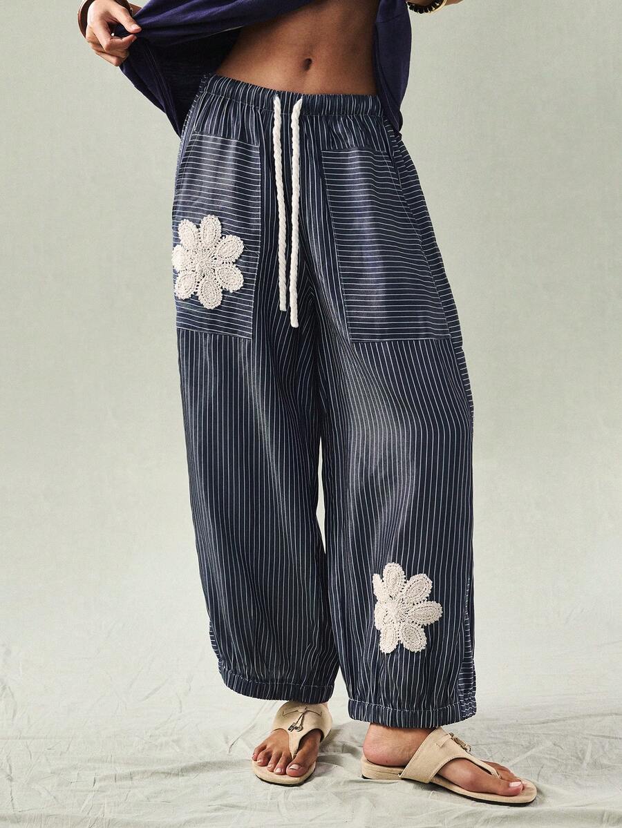 SoleilVie Women's Striped Patch Casual Loose Pants