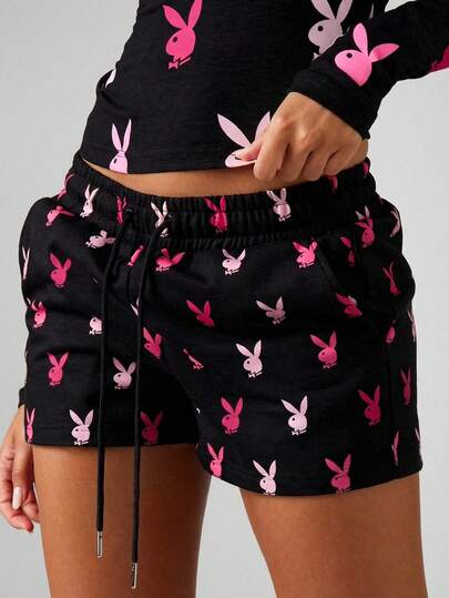 Missguided x Playboy กางเกงขาสั้นจ็อกเกอร์พิมพ์ลายกระต่ายสำหรับผู้หญิง สีดำ ชมพู ชุดนอนลำลอง ใส่สบาย เอวยางยืด