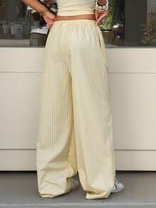Muchica Women's Woven Pale Yellow Striped Beach Pants, Casual And Loose Wide-Leg Pants, New Spring/Summer Arrival. - Pale Yellow - View 2