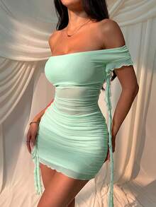 SHEIN EZwear Đầm ngắn ôm sát, màu trơn, hở vai, xếp ly, gợi cảm, thích hợp cho mùa hè. - Màu xanh Bạc hà - Xem 4