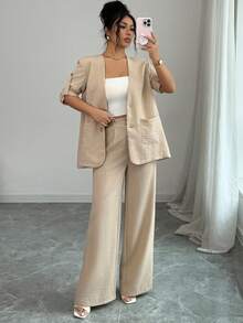 Modelyn Bộ đồ nữ 2 món: Áo cổ chữ V tay xắn và quần ống rộng túi xéo. - Màu Khaki - Xem 7