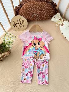 SHEIN Bộ đồ mặc nhà cho bé gái sơ sinh in hình hoạt hình dễ thương, tay ngắn và quần dài, thích hợp cho mùa hè. - Hồng - Xem 5