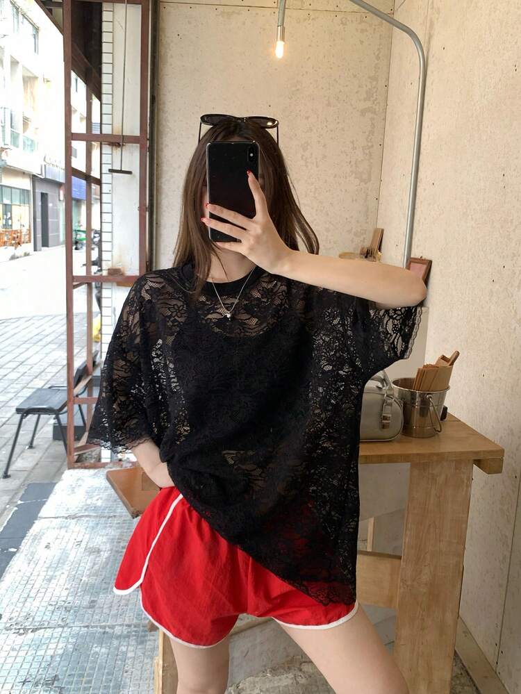 Women's Round Neck Korean Style Lace Patchwork Sleeveless Top Oversized