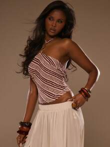 MUSERA 纹理条纹饰边细节露背修身长款无袖上衣，适合春夏度假海滩，优雅伊比沙岛节日休闲穿着。 - 彩色 - 查看 3