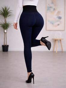 Pantalón de Mezctilla Tipo Costillero Ajustado.  Stretch.  Mezclilla Suave y Elástica - Azul Marino - Ver 3