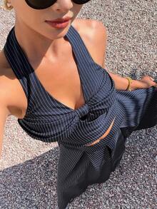 DAZY Women's Elegant Sexy Navy Blue And White V-Neck Bow Tie Camisole And A-Line Skirt 2-Piece Set, Summer Lounge Vacation - Navy Blue - View 1