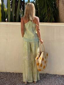 DAZY Bộ đồ nữ thường ngày gồm áo hai dây thêu hoa và quần ống rộng, thích hợp cho mùa xuân/hè. - màu xanh lá - Xem 2