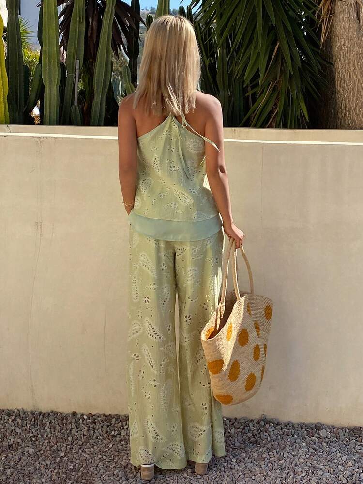 Women's Casual Floral Embroidery Camisole And Wide Leg Pants 2 Pieces Set, Spring/Summer