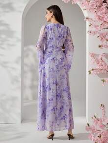 Veilorie Summer Ditsy Floral Waist Ruched Long Flare Sleeve Arabic Style Dress For Women - Purple - View 3