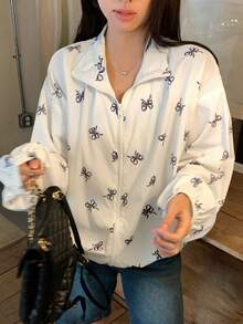 DAZY Women's Loose Casual Thin Jacket With Bowknot All-Over Print, Long Sleeve, Open Front - White - View 6