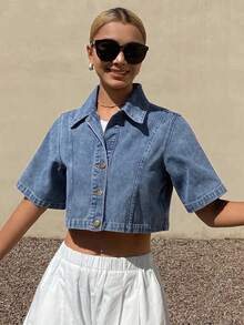 Livesso Women's Casual Everyday Washed Front Button Short Sleeve Denim Blouse - Blue - View 6