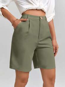 SHEIN Clasi 女士纯色高腰褶裥休闲七分裤 - 綠色 - 查看 6