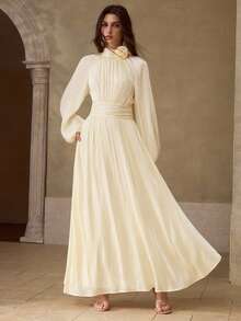 MOTF PREMIUM Women's Solid Color 3D Floral Decor Raglan Sleeve Elegant Dress - Apricot - View 3